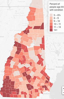 Map of NH showing towns in Cheshire County have the highest percentage of people over 65 living with Alzheimers