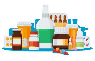 Pharmacy illustration of pill and dropper bottles.