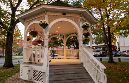 The decorated New England style gazebo in Keene's Central Square