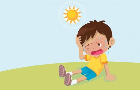 Cartoon drawing of a sweating kid sitting on the ground under the hot sun