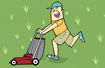 Cartoon image of a man using a lawn mower