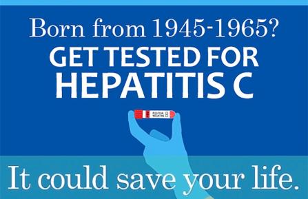 Graphic urging people born between 1945-1965 to be tested for hepatitis C