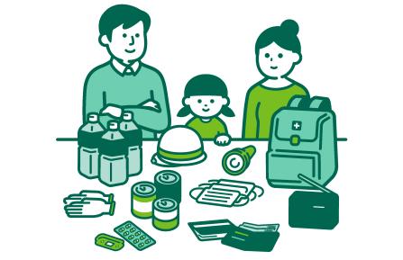 A cartoon family sitting at a table that has emergency supplies on it