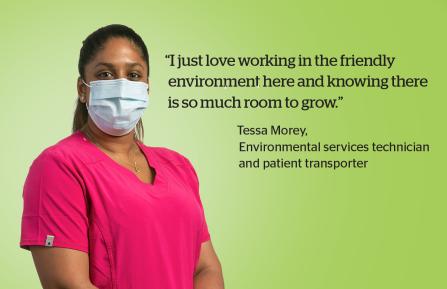 "I just love working in the friendly environment here and knowing there is so much room to grow." South asian woman in 20s with mask and bright scrubs smiles at the camera