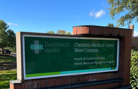 Road sign for Cheshire Medical Center's West Campus on Maple Ave in Keene that houses Family and Community Care and the Family Medicine Residency