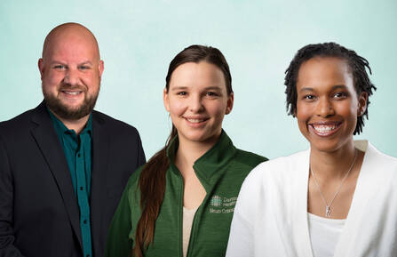 From left, Justin B. Lyons, RN, MSN, CEN, TCRN, Elle E. McGraw, RN, BSN, SCRN, and Kelli B. Pointer, MD, PhD