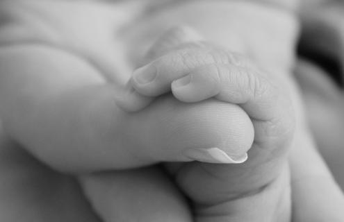 Infant holding adult finger, black and white photo.