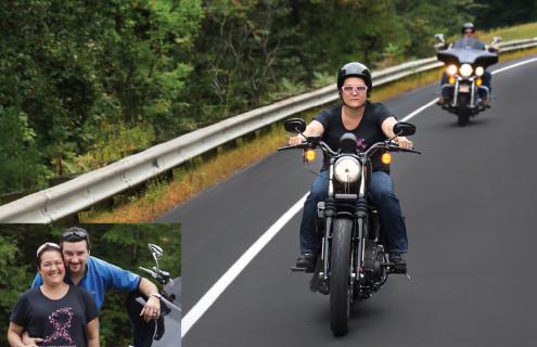 Jina Church and her husband Brian riding their Harley-Davidson motorcycles