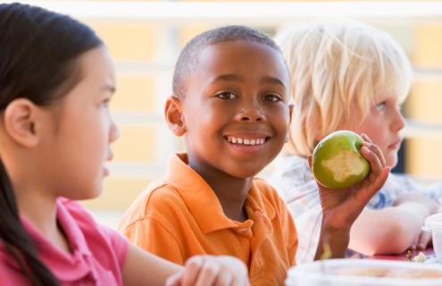 Boy eating healthy by eating apple