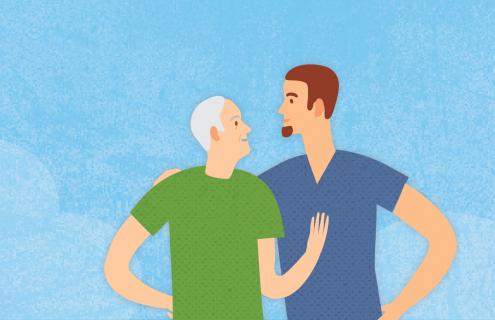 Illustration of father and son talking about father's care
