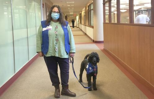 Frankie and her owner Janet Goldstein, volunteers, Cheshire Medical Center