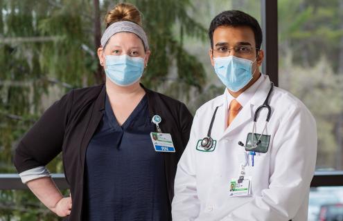 Mary Pierce, BSN, RN, infection preventionist, and Aalok Khole, MD, infectious diseases physician at Cheshire Medical Center.