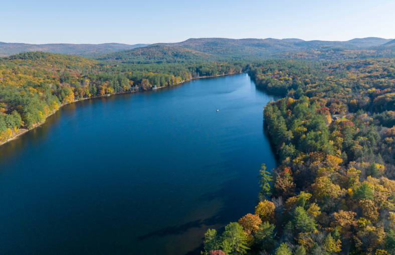 drone shot of Monadnock Region lake